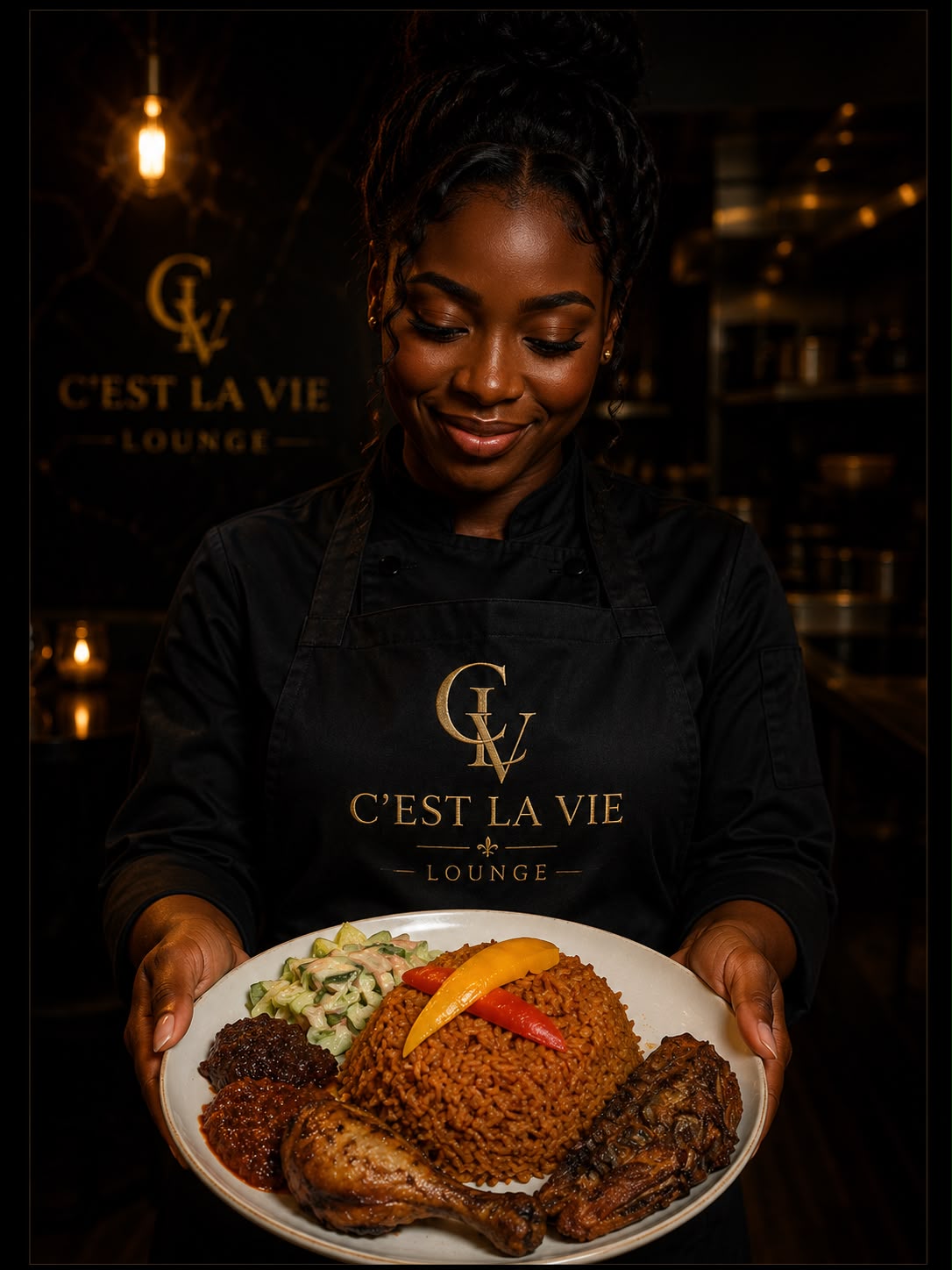 Chef presenting a plate of jollof rice and grilled chicken at C'est La Vie Lounge