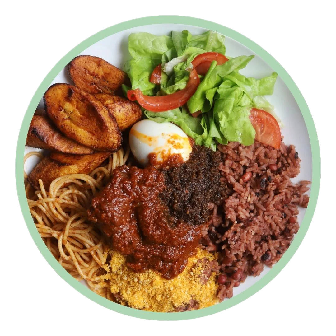Waakye and Suya Skewers — rice and beans with beef suya, gari, spiced pepper sauce